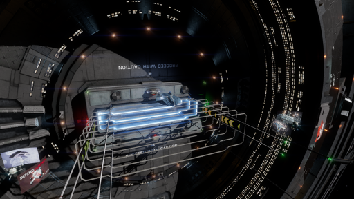 A picture showing the entrance of a Coriolis starport. On top of which an ASP type ship is parked.